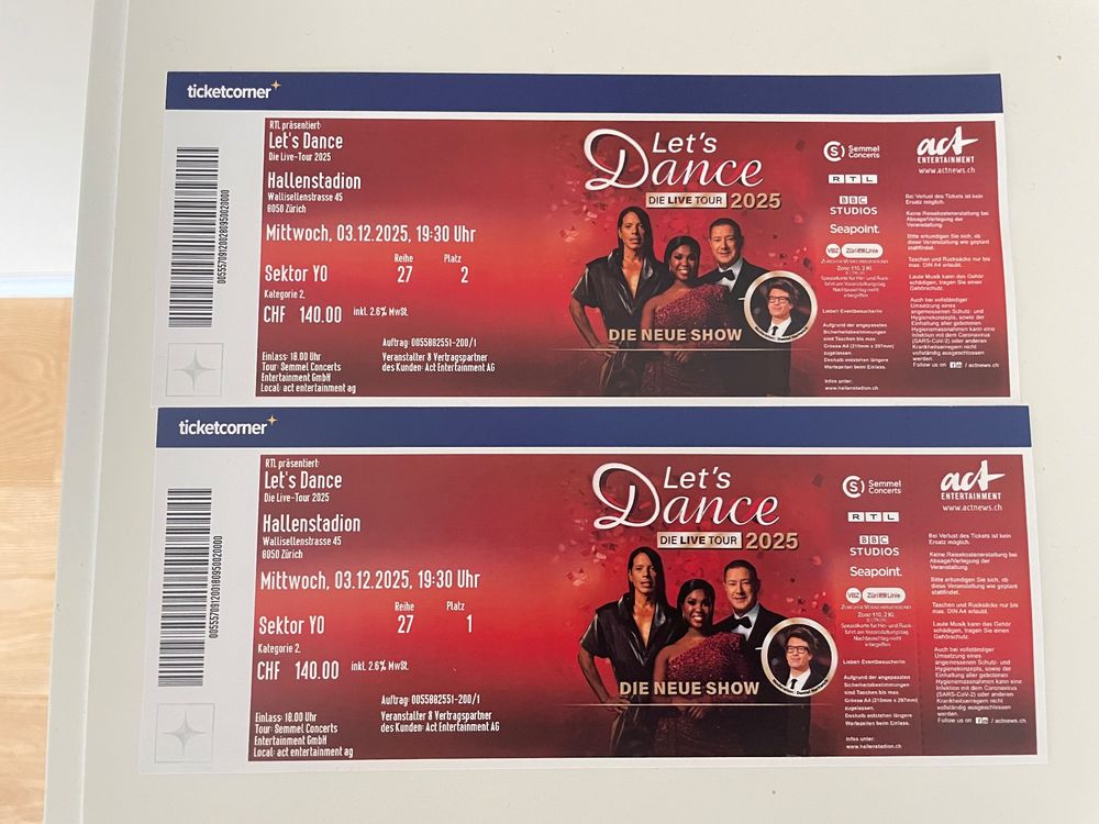 2 x Tickets Lets Dance Mittwoch 3 December Reihe 27 (Neu und