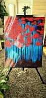 Forest Landscape Painting Red Trees Blue Background 40x60cm