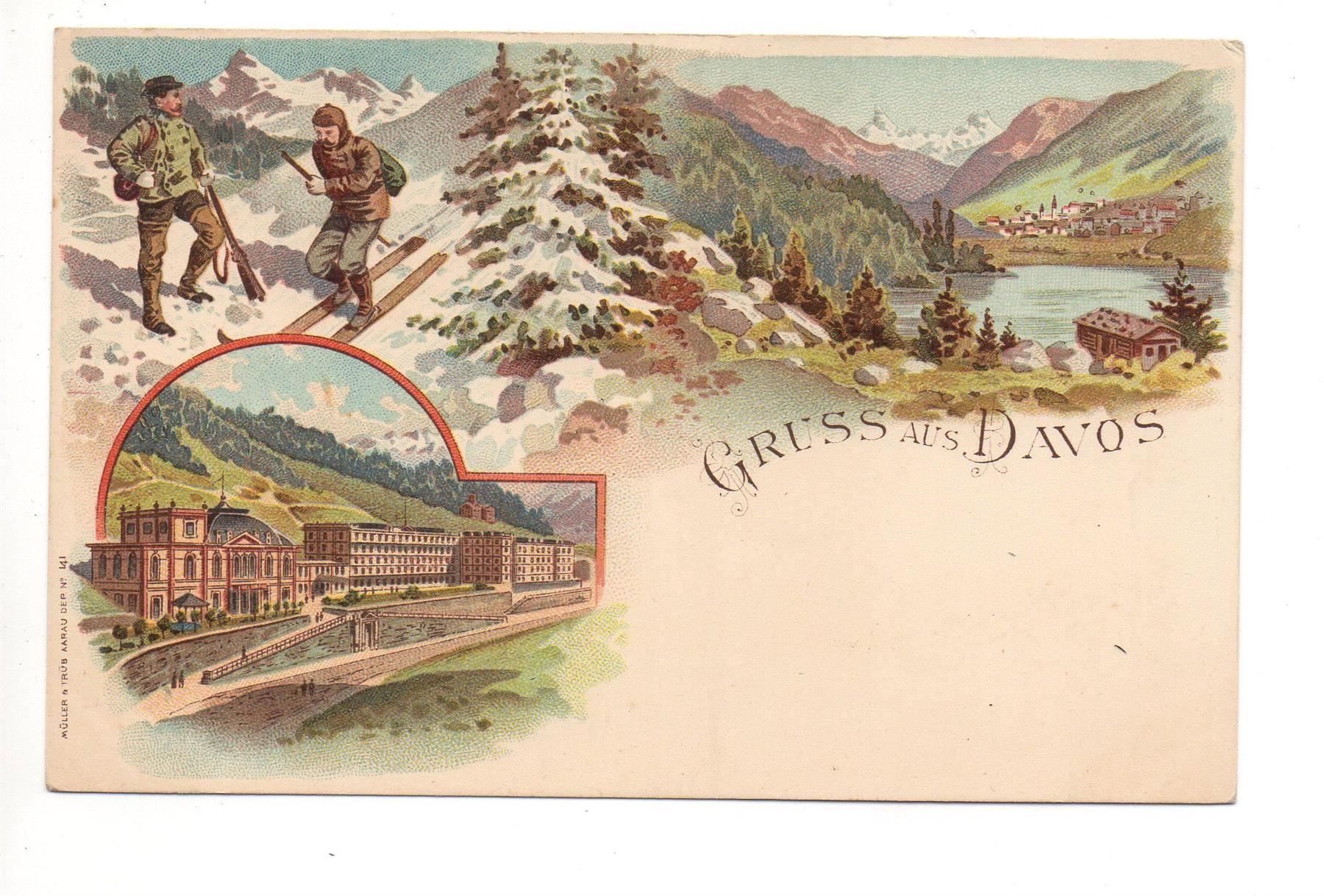 Cartoline postali: 2-Bild LITHO Gruss aus DAVOS Skifahrer – Nuovo (secondo la descrizione) da Jona venduto da philajona