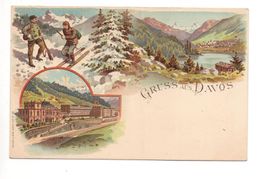 2-Bild LITHO Gruss aus DAVOS Skifahrer