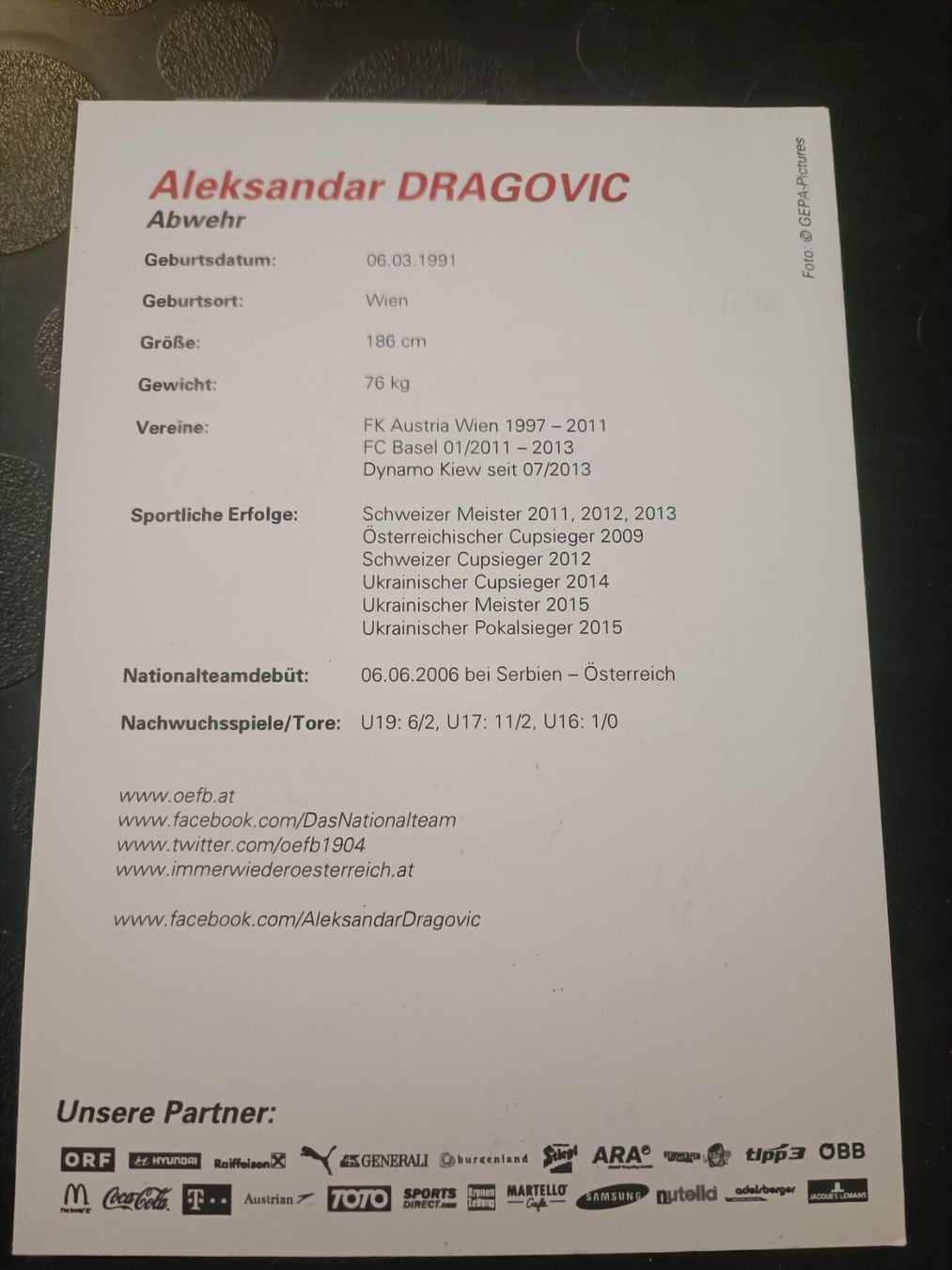 Autografi: Aleksander Dragovic - handsig.  ÖFB Autogrammkarte von 2016 – Usato da Menziken venduto da Artographs 1