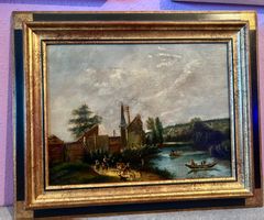 Tableau ancien, scène champêtre, encadré.