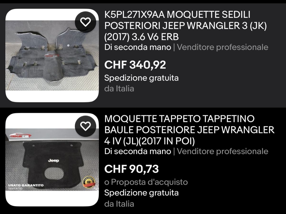 Jeep Tappeti & Tappetini: Moquette+tappetini Jeep Wrangler JKU – Usato da Brè sopra Lugano venduto da micheleschmid 8