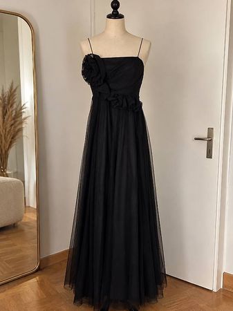 Schwarzes langes Abendkleid mit Tüll / Grösse 36