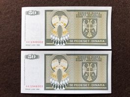 Banja Luka 1992 - 2 x 50 Dinara UNC - Republika Srpska