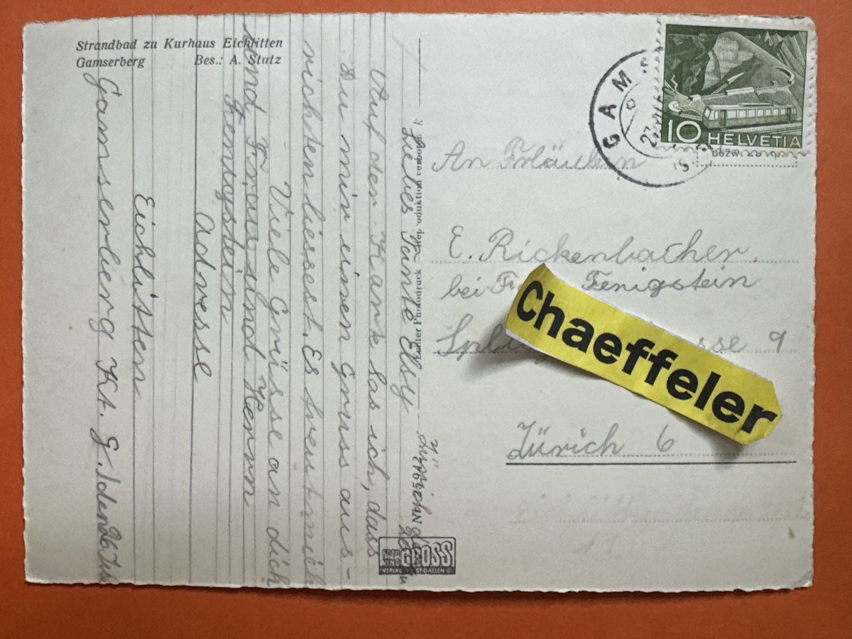 Cartoline postali: 1950 Strandbad zu Kurhaus Eichlitten Gamserberg – Usato da Zürich venduto da Chaeffeler 1