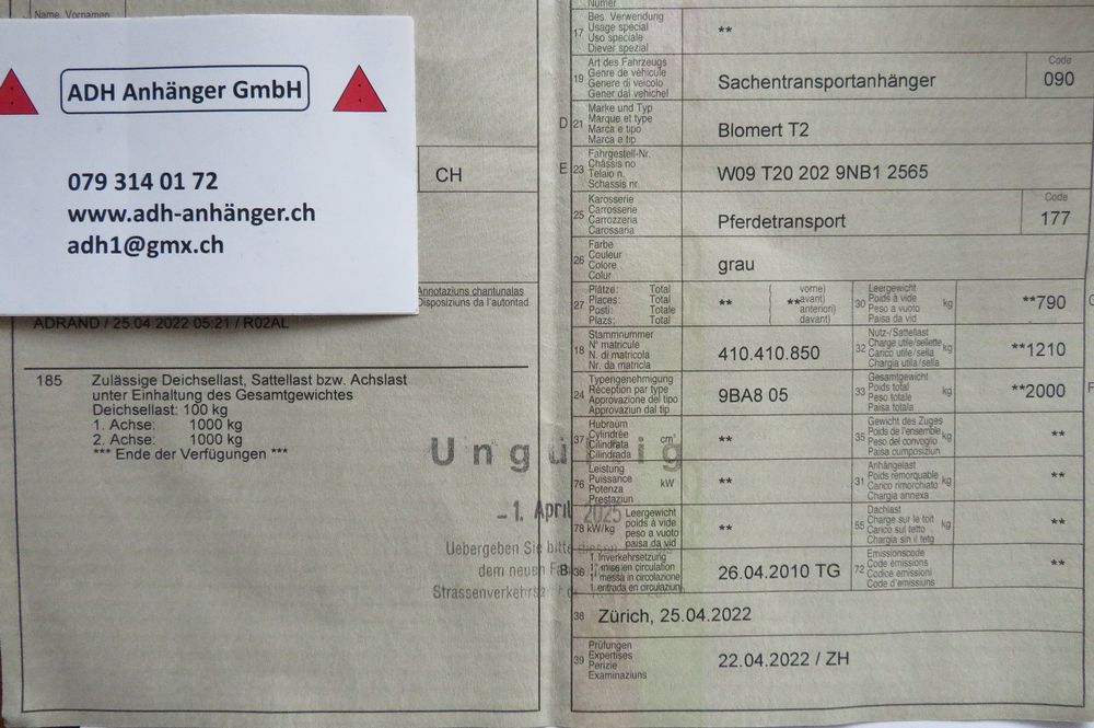 Sachentransportanhänger Pferdetransport Blomert T2 ab MFK 9