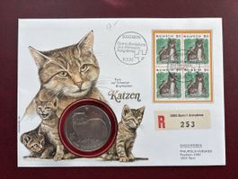 Cachet philatélique chats, pièce et timbres - Suisse!