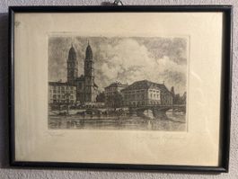 Original Radierung Zürich – Grossmünster / Limmat – signiert