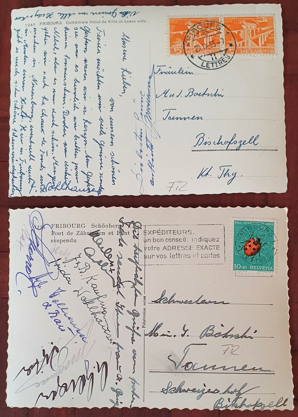 Cartoline postali: 2 Ansichtskarte - Fribourg 1952/55 – Usato da Kreuzlingen venduto da Rschweiz1 1
