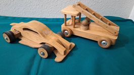 Vintage Holz-Spielzeug, Rennwagen, Feuerwehrauto
