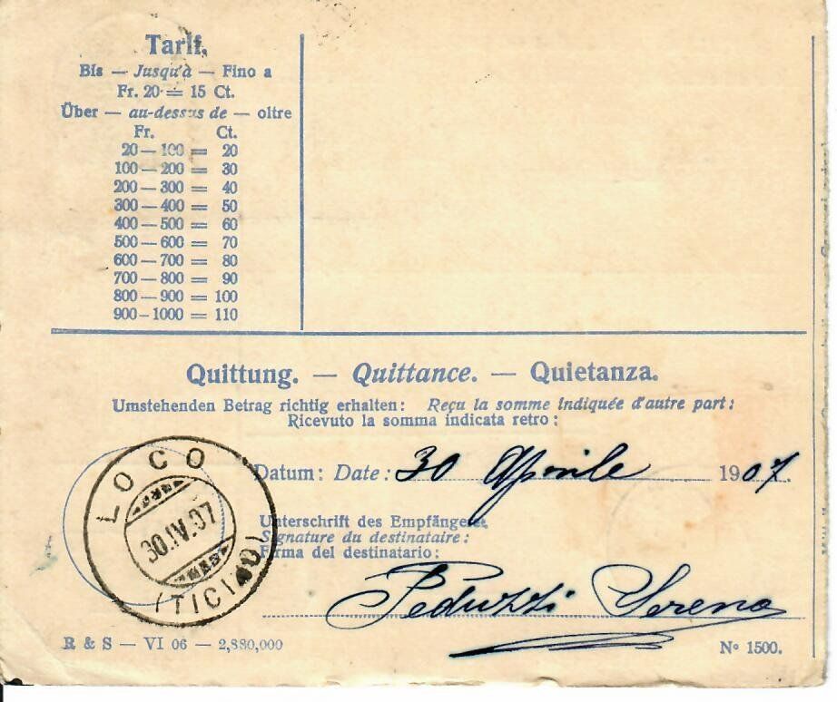 Tutti i francobolli: Interne Postanweisung Dottikon 1907 Perfin  - Loco TI – Usato da Hochdorf venduto da Ziegel-16 1