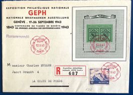 1943 / R - FDC Genf Block W18  mit Zusatzfrankatur