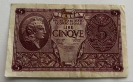 Italien 5 Lire Banknote 1944
