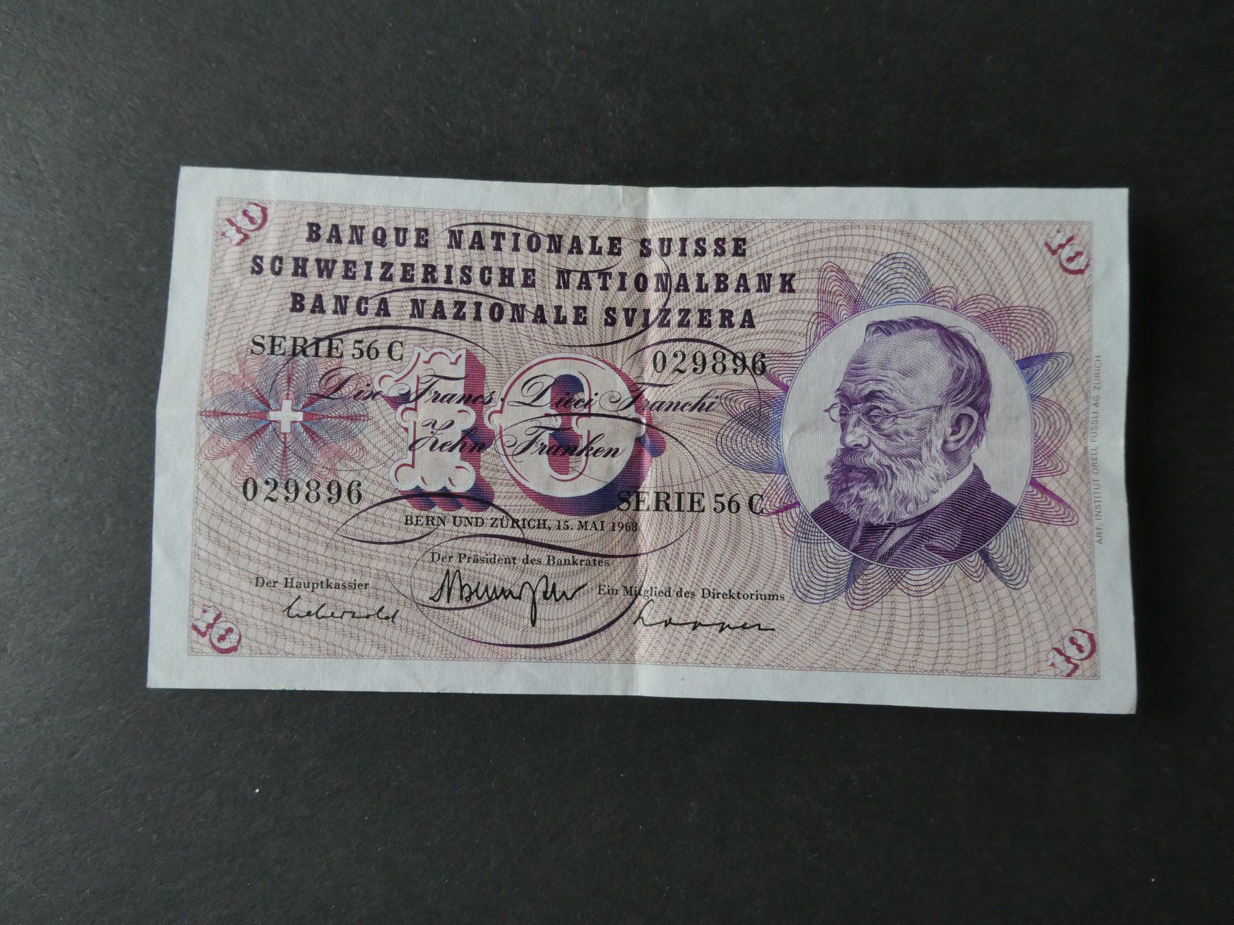 Banknoten: Schweiz 1968, 10 Franken – Gebraucht aus Hinterforst von Rohusri