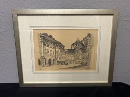 Schöne gerahmte Grafik / Stadtansicht (vermutlich Schweiz)
