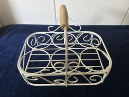 Flaschenkorb Metall Weiss 6er Tragegriff mit Holzgriff 