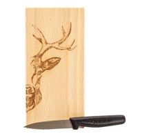 Holzbrett-Motiv Hirsch mit Messer und Beutel