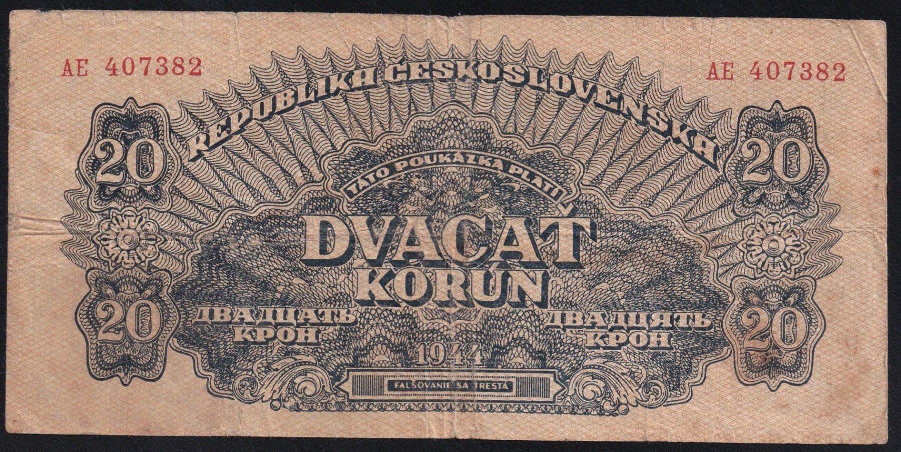 Banknoten: Tschechoslowakei 20 Korun 1944 – Gebraucht aus Brugg AG von banknoten_muesli