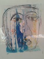 Original Zeichnung "Gesicht mit blau" Unikat gerahmt NEU