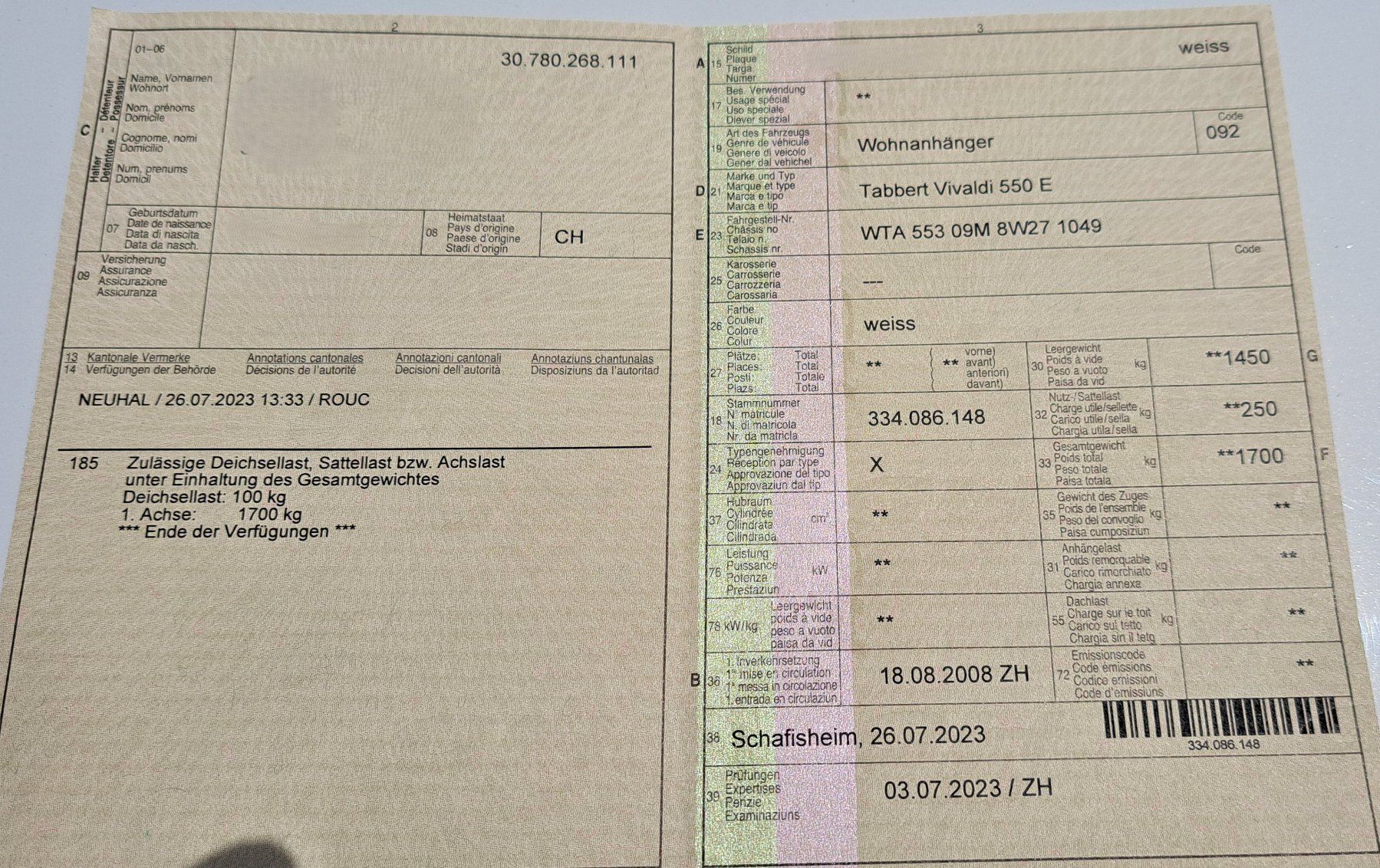 Anhänger: Top gepflegter Wohnwagen Tabbert Vivaldi 550E – Gebraucht aus Hunzenschwil von Hondaswiss 9
