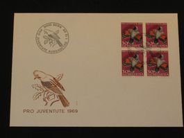 Pro Juventute FDC 1969 Nr. 230 4-Block Einheimische Vögel