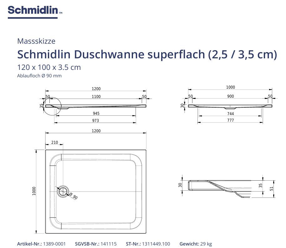 Schmidlin Docce: 092 Duschwanne Schmidlin superflach, 120x100x3.5cm – Nuovo (secondo la descrizione) da Derendingen venduto da Meisterstuecke 5