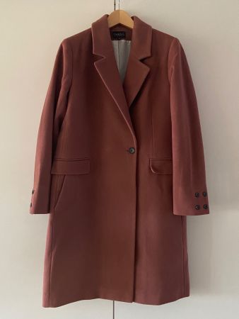 CAROLL Manteau droit bois-de-rose col blazer 75% laine t.42