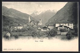 Visp, Teilansicht mit Kirche und Gebirge