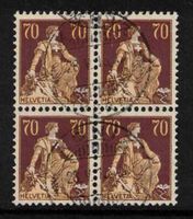 1908 Helvetia mit Schwert  Nr.114 im Viererblock ʘ