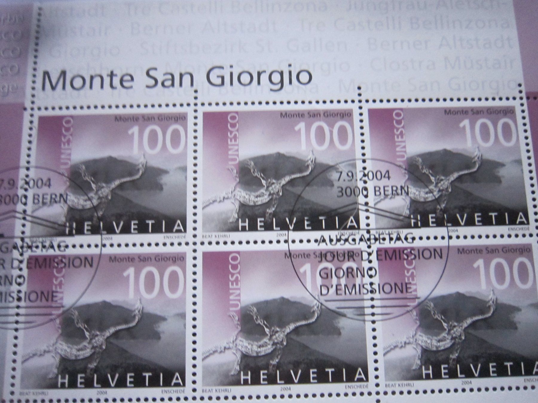 Tutti i francobolli: LOT A 2004 Monte San Giorrgio ET Block – Usato da Gordola venduto da Polentaefung 1