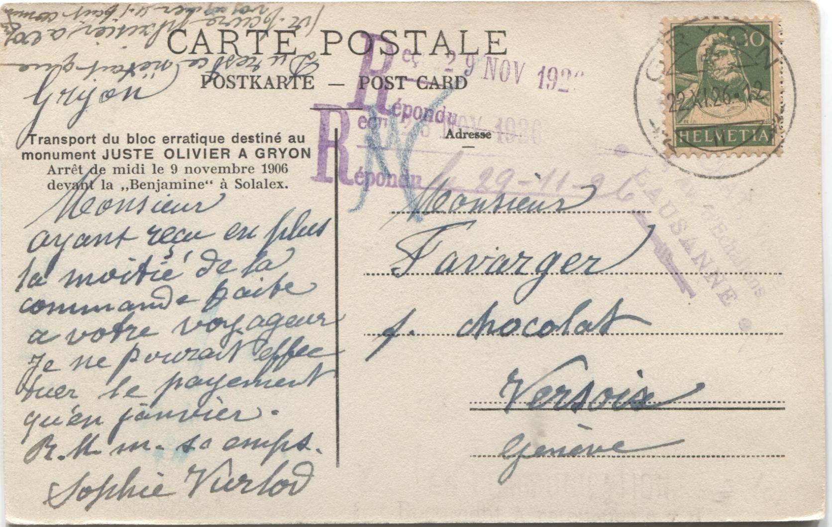 Cartoline postali: GRYON VD 1906 Transport du bloc erratique – Usato da Wil SG venduto da Clanx 1