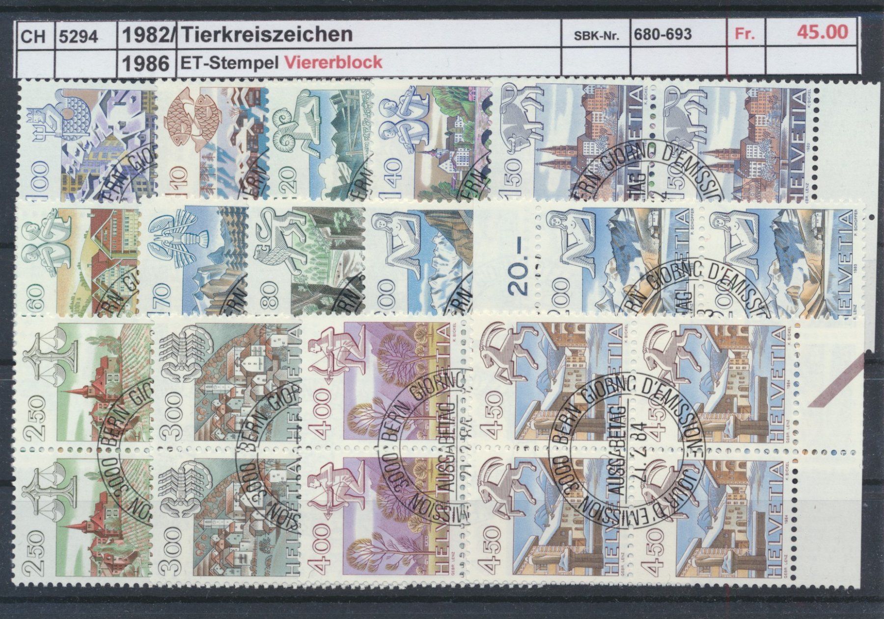 Tutti i francobolli: 1982/86 "Tierkreiszeichen", Viererblock, ET - Stempel – Usato da Winterthur venduto da Zupogeru