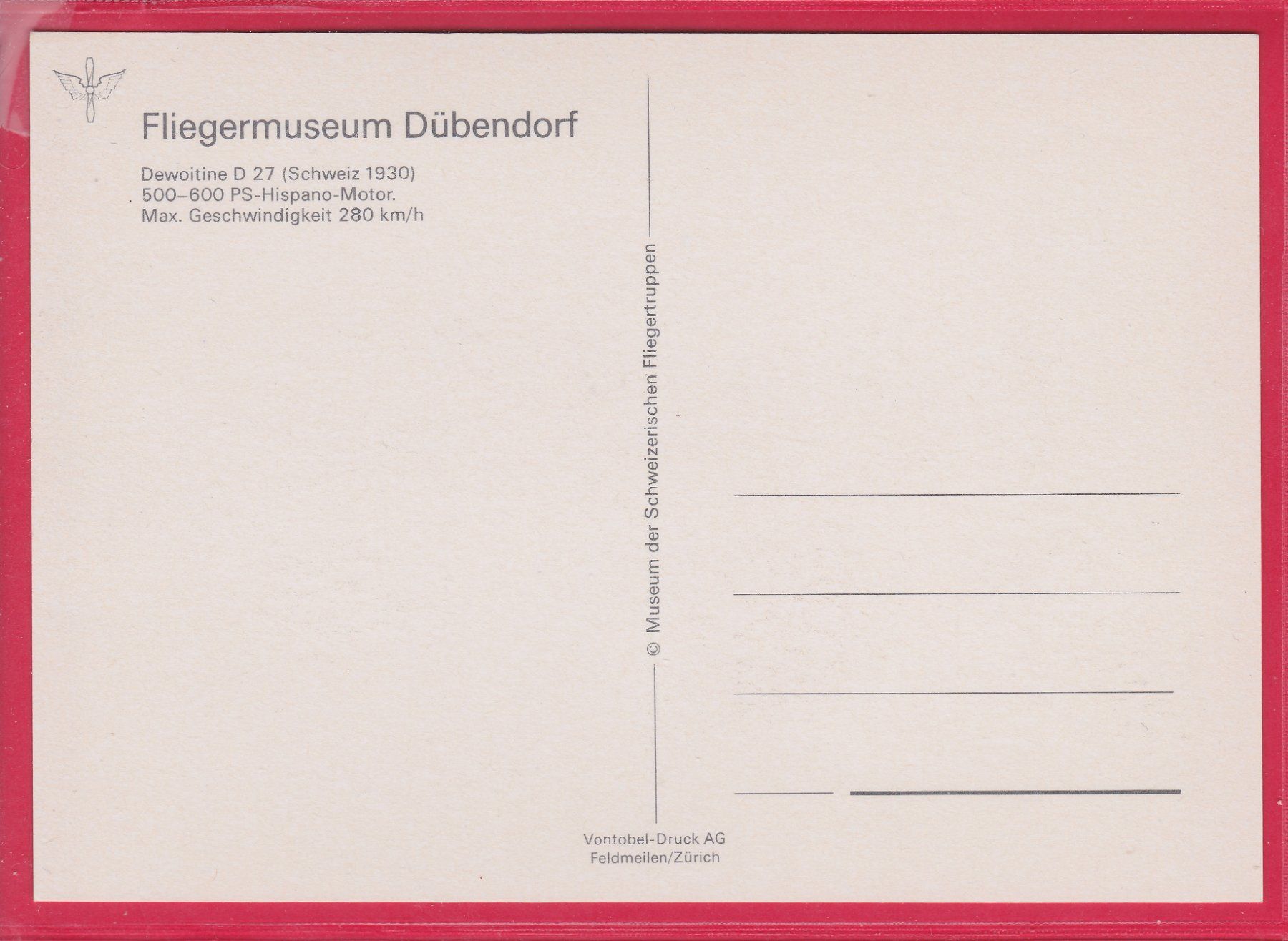Ansichtskarten: FLUGZEUG, DEWOITINE D 27 (SCHWEIZ 1930) – Gebraucht aus Oberrieden von Gebirgsstelze 1