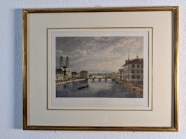 Zürich – Limmat, Grossmünster, Rathausbrücke, koloriert 1837