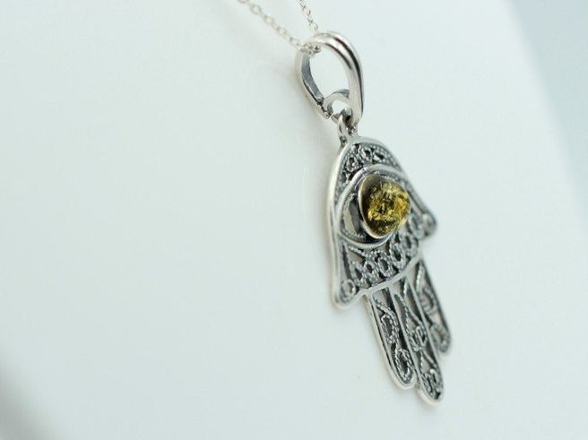 Ciondoli: Bernstein Hand der Fatima 925 Silber Collier Kette Bernstein – Nuovo e nell'imballaggio originale da Heiligkreuzsteinach venduto da schmucktime 5