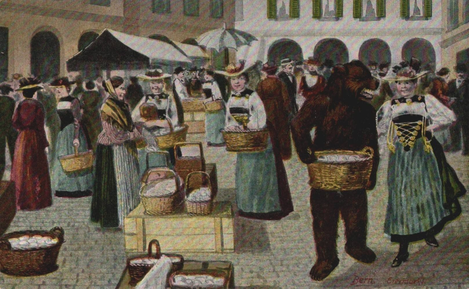 Cartoline postali: Alte Ansichtskarte Bär auf Markt in Bern – Usato da Luzern venduto da Kartenansicht