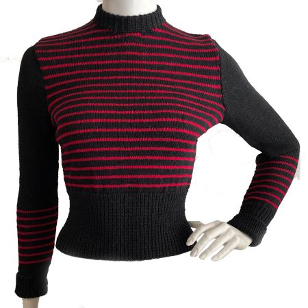 Pullover XS/S handgestrickt Orig. VINTAGE 50s schwarz-rot