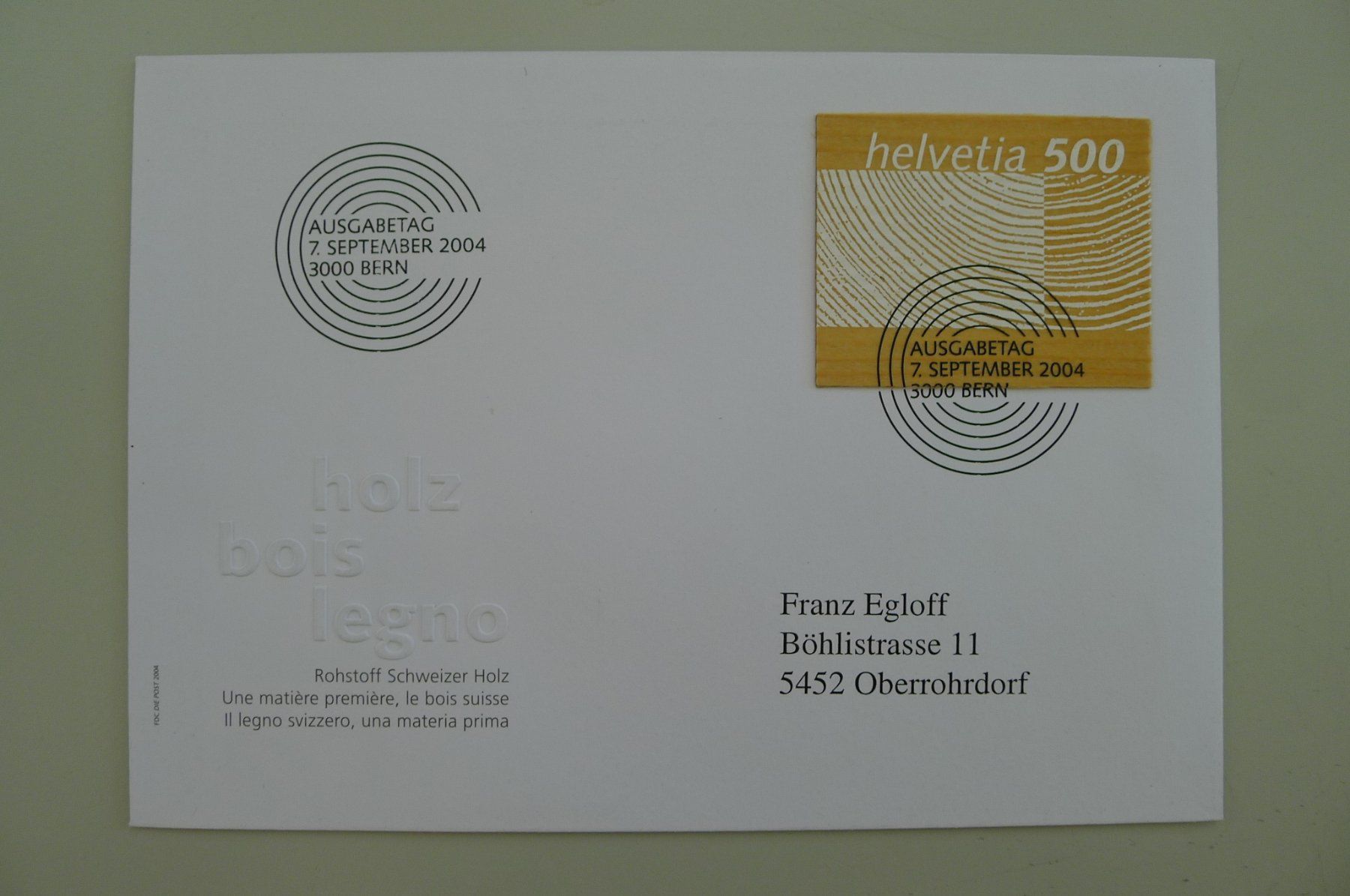 Tutti i francobolli: 2004, Nr.1133 5 Ersttags-Briefe HOLZBRIEFMARKEN. – Usato da Sursee venduto da Luzernerraute 2