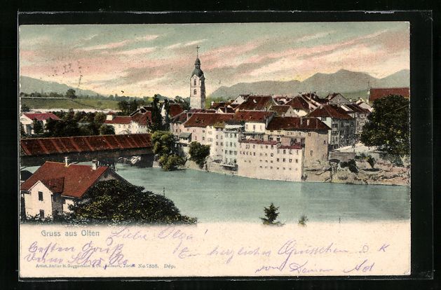 Cartoline postali: Olten, Kirchturm mit Ortsansicht am Flus – Usato da Berlin venduto da bartko-reher