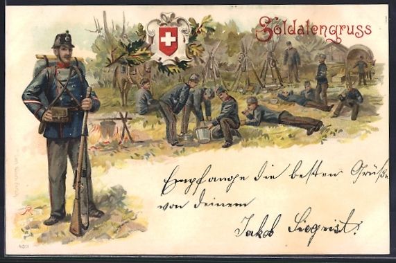 Foto, Lettere & Cartoline: Litho Schweizer Soldatengruss, Infanteri – Usato da Berlin venduto da bartko-reher