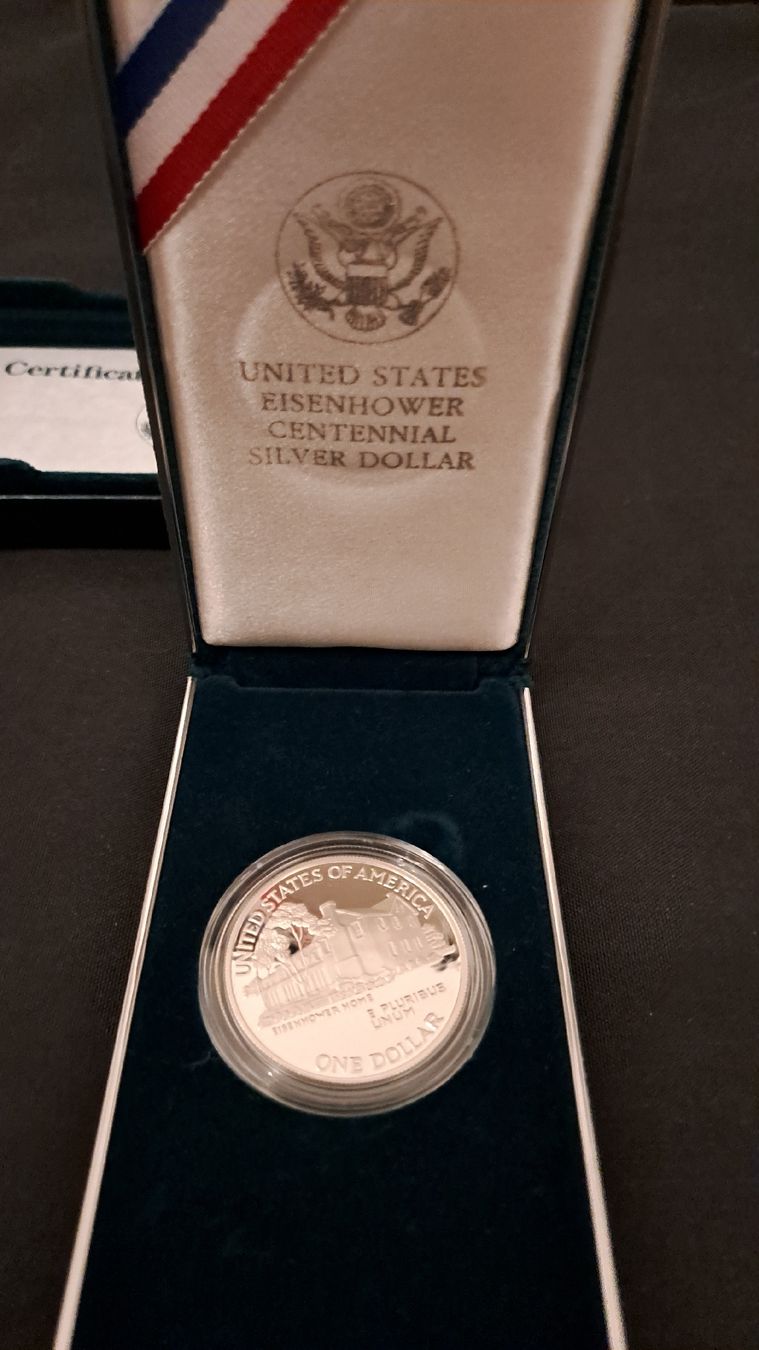 Tutti le monete: 1990 Proof Silber Dollar Eisenhower Centennial Zertifikat – Usato da Deitingen venduto da Soya1 1