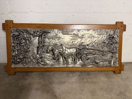 Bas-relief bois et métal cheval chargeant bois cadre arti...