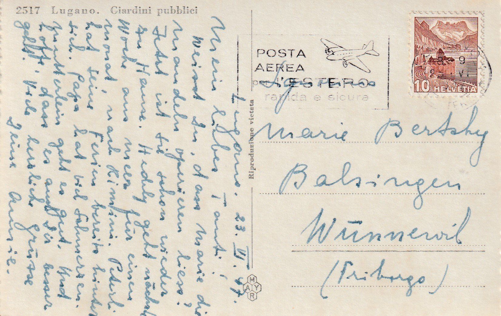 Cartoline postali: AK Lugano gel. 25.6.1947 – Usato da Fribourg venduto da schnalla92 1