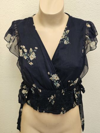 VERO MODA Damen Wickelbluse Crop Top Dunkelblau Floral Gr. L