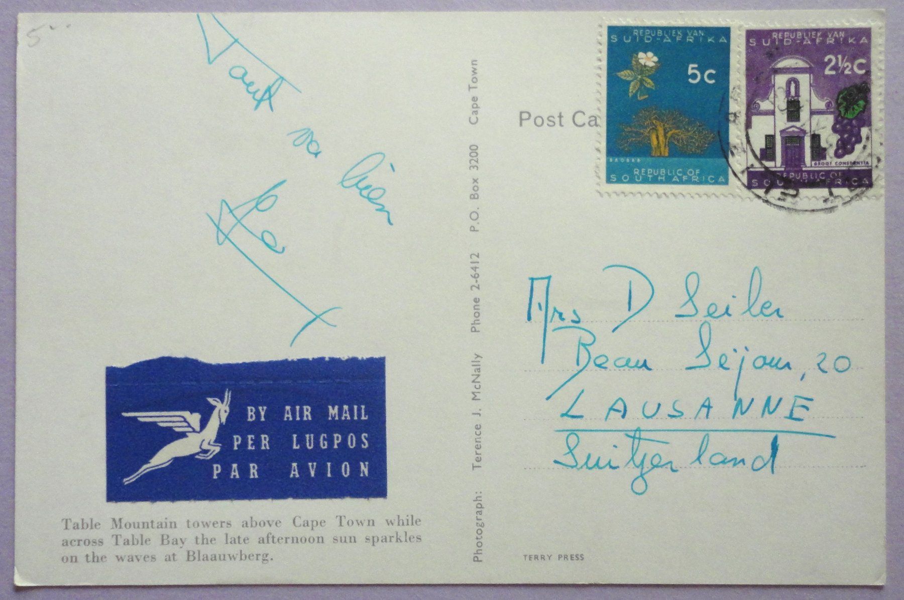 Cartoline postali: Table Mountain towers above Cap Town – Usato da Fétigny venduto da Billy2miny 1