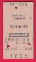 KARTON BILLETT, STEINMAUER - ZÜRICH HB, 2.KLASSE, RETOUR