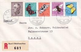 1950: Pro Juventute Nr. J133-137 kompl. R-Ortsbrief, BASEL
