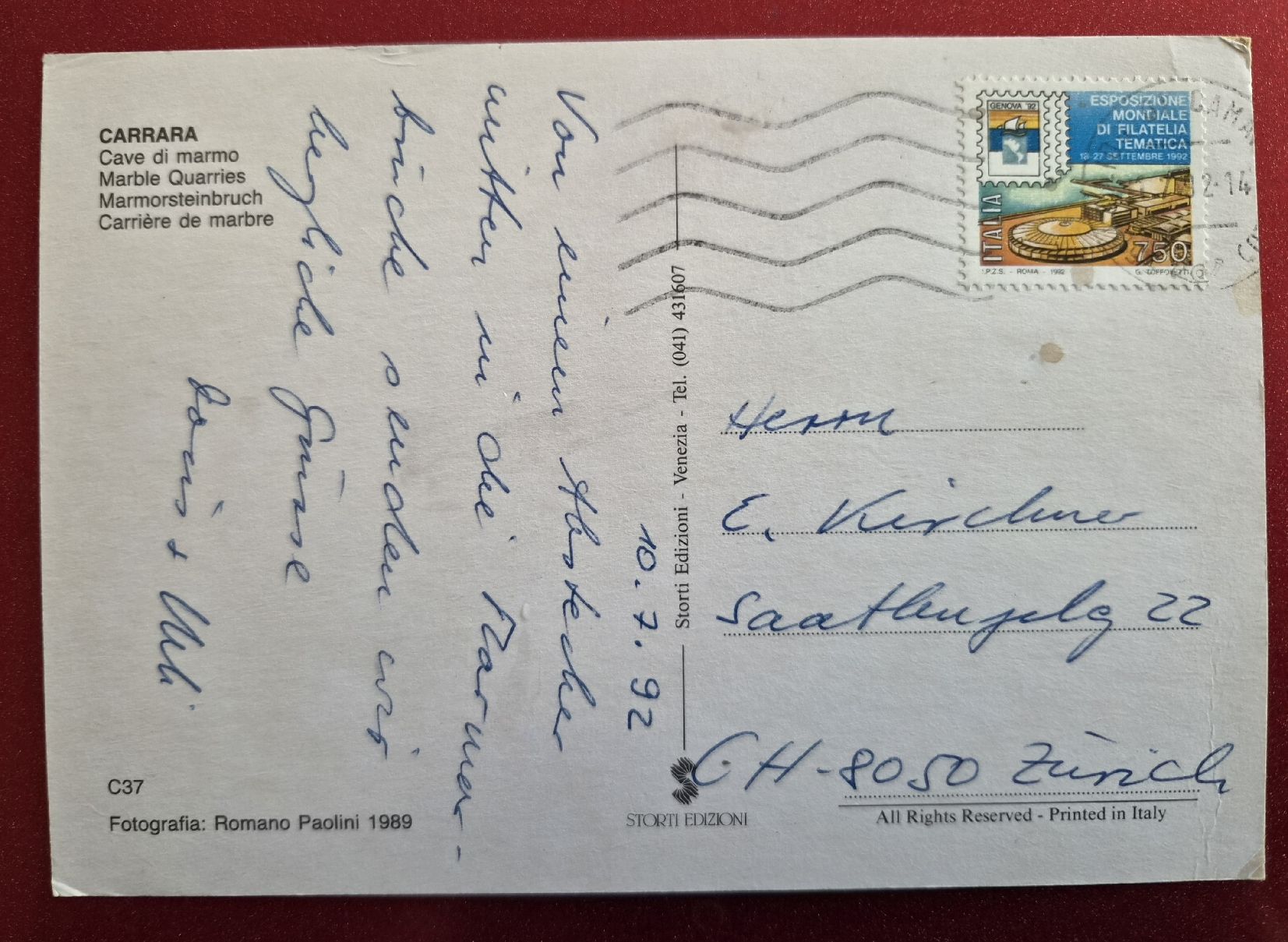 Ansichtskarten: Carrara Marmorsteinbruch 1992 – Gebraucht aus Melchnau von Arthurius 1