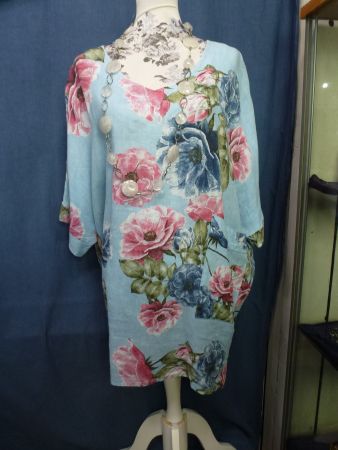 LEINEN HEMD TUNIKA GR XL HIMMELBLAU BLUMEN NEU LEINEN HALBAR